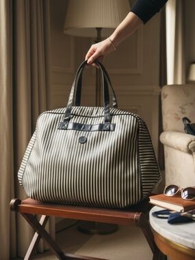 Striped Canvas Weekender Bag in Black and White